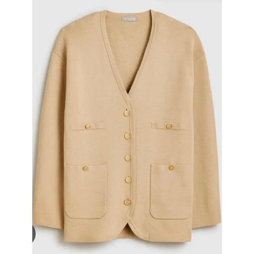 J. Crew Tan Cotton Long V-Neck XL Sweater Blazer Gold Buttons Oversize NWT Luxe
